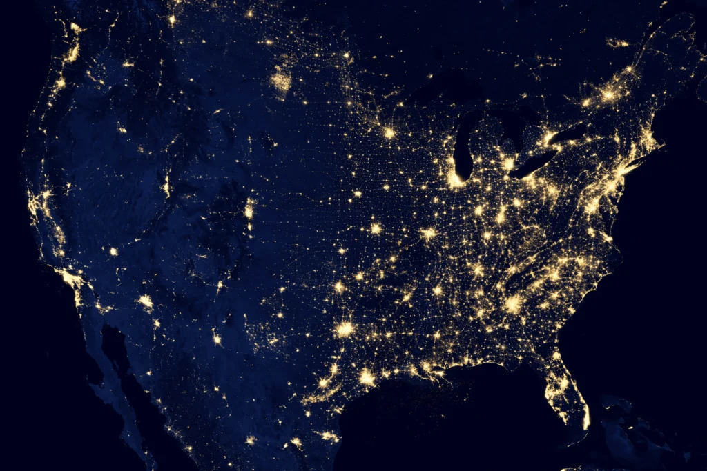 United States at night — compare auto insurance quotes by state with Auto Quote Hotline